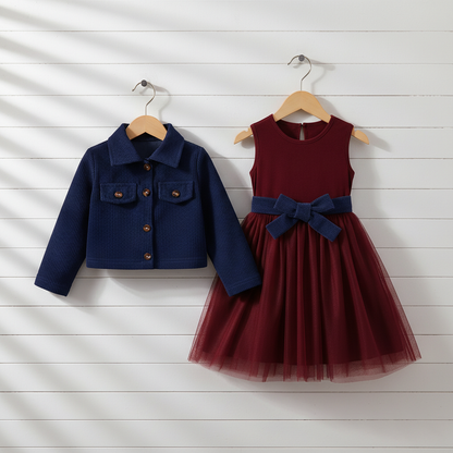 Ensemble Autumn veste bleu nuit et robe bordeaux