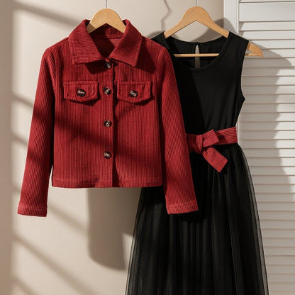 Ensemble Autumn veste rouge brique et robe noire - vue studio