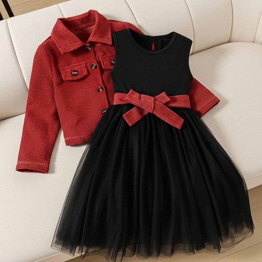 Ensemble Autumn veste rouge brique et robe noire - vue complète