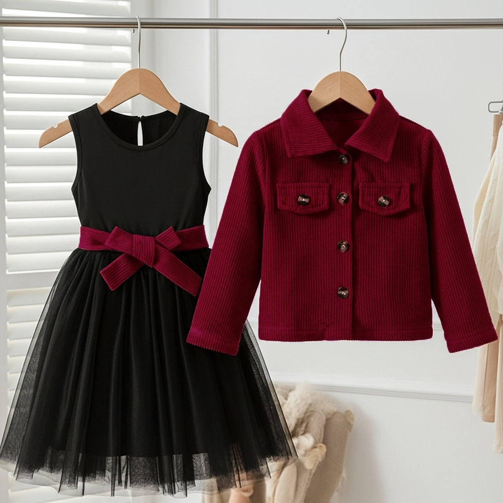 Ensemble Autumn veste bordeaux et robe noire - présentation studio