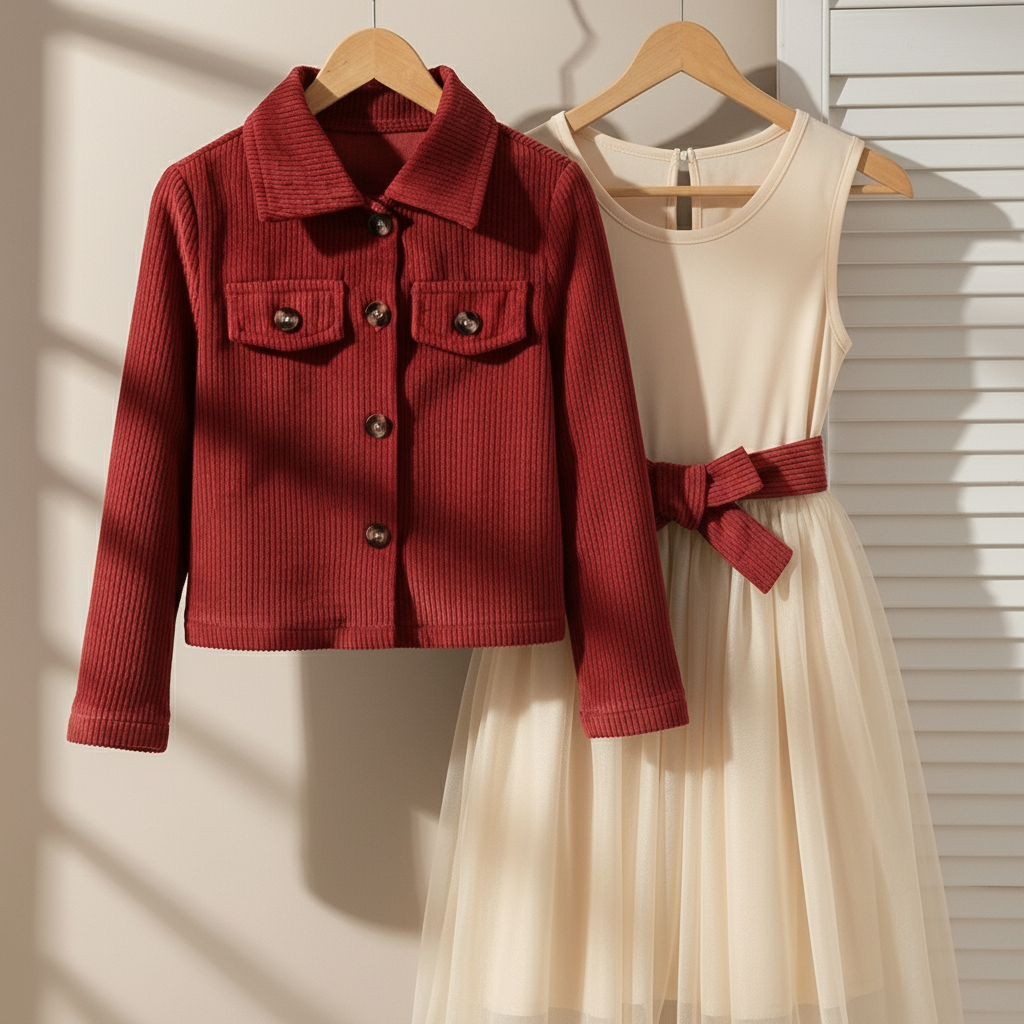 Ensemble Autumn veste rouge brique et robe crème