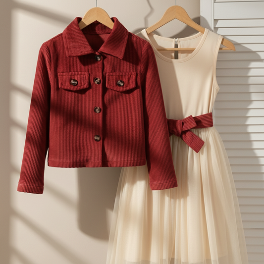 Ensemble Autumn veste rouge brique et robe crème