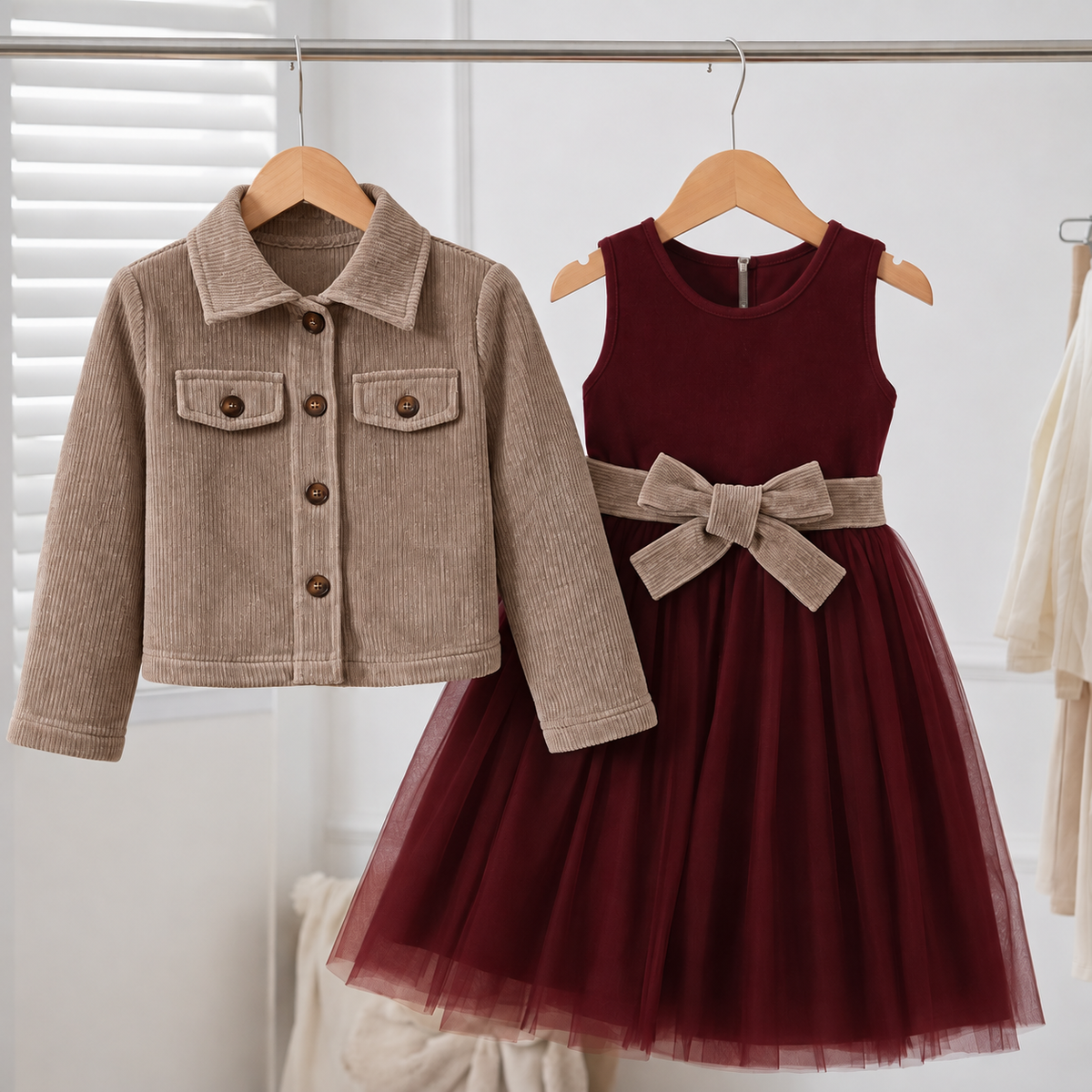 Ensemble Autumn veste beige taupe et robe bordeaux - vue principale