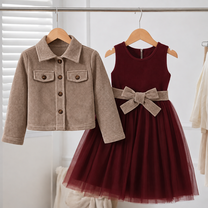 Ensemble Autumn veste beige taupe et robe bordeaux - vue principale