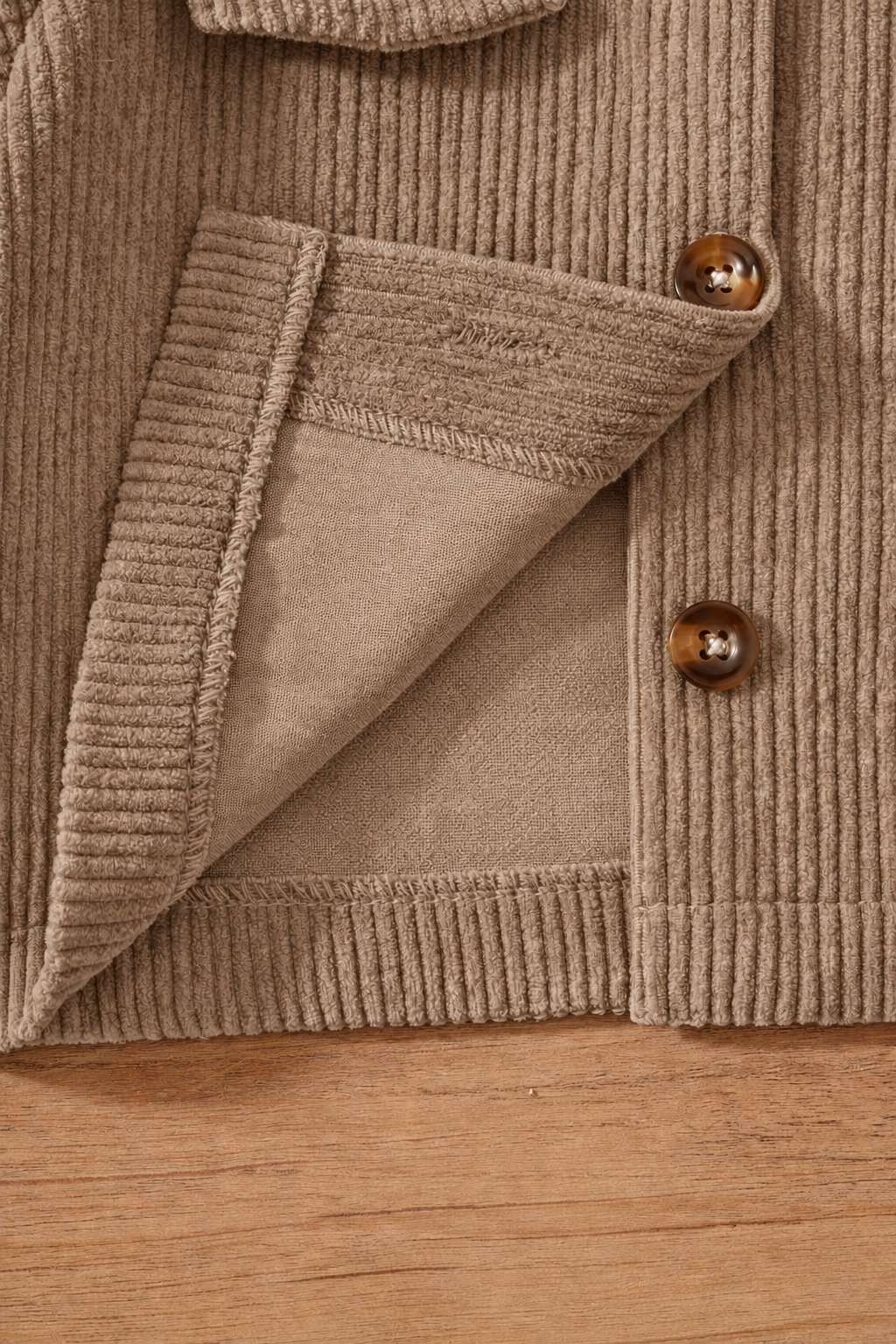 Veste beige taupe Ensemble Autumn - détails du tissu et des coutures