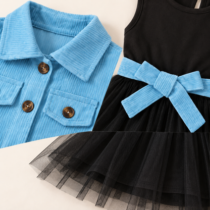 Ensemble Autumn bleu ciel et noir - détails veste, nœud et tulle
