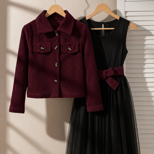 Ensemble Autumn veste bordeaux foncé et robe noire - vue principale