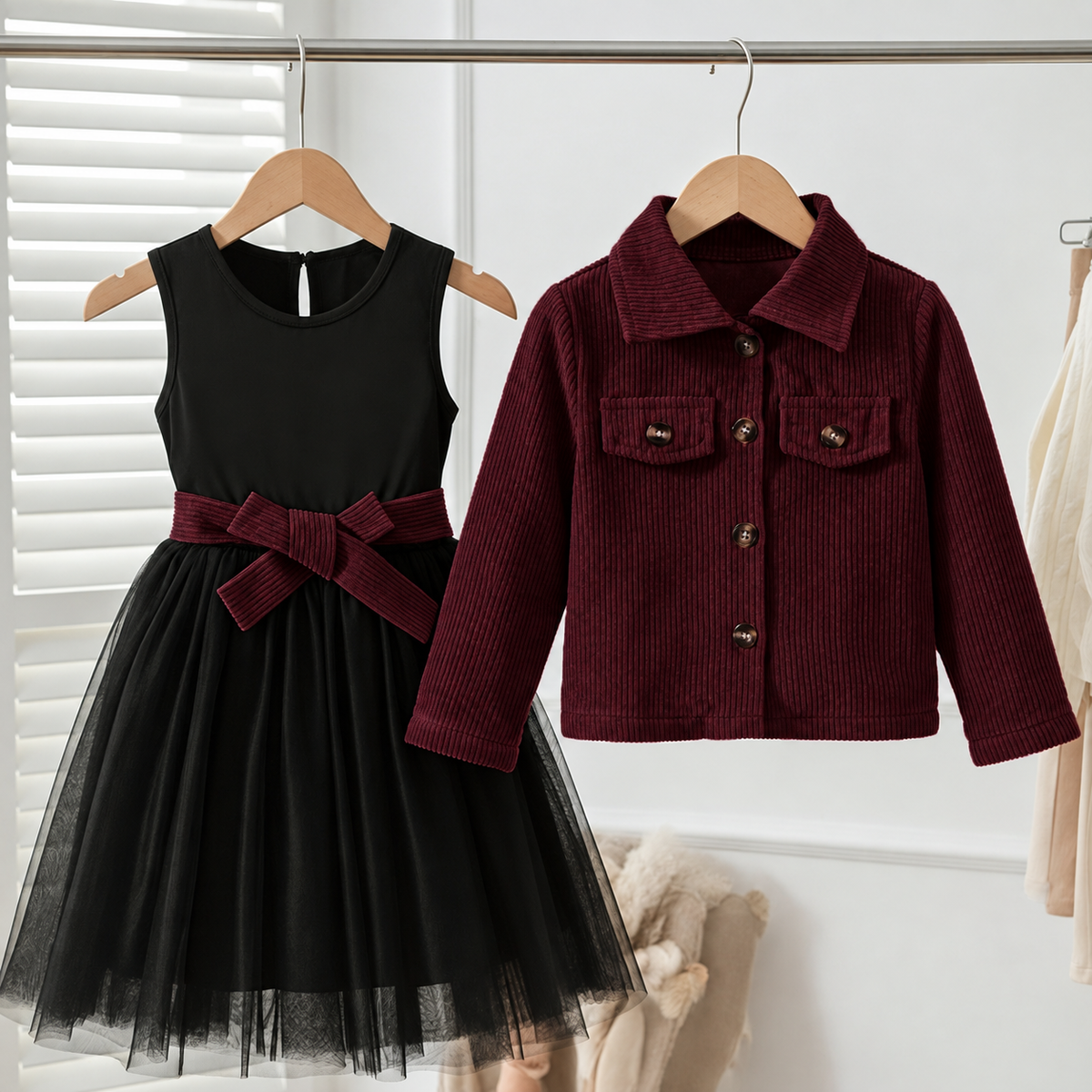 Ensemble Autumn veste bordeaux foncé et robe noire - présentation studio