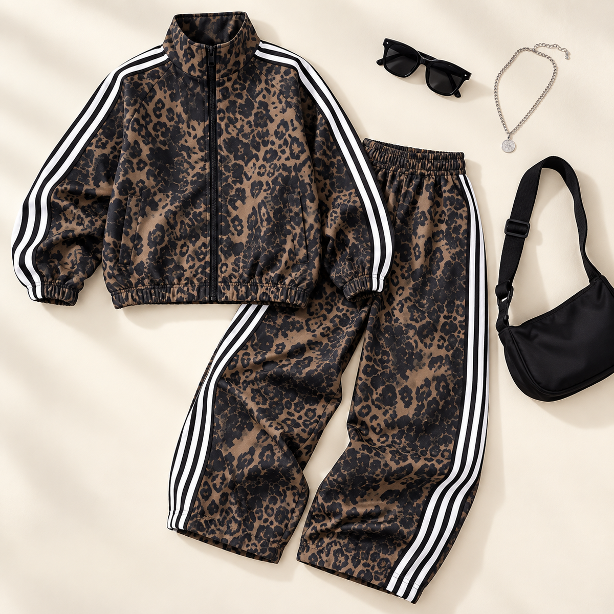 Veste et pantalon léopard à plat, accessoires non inclus