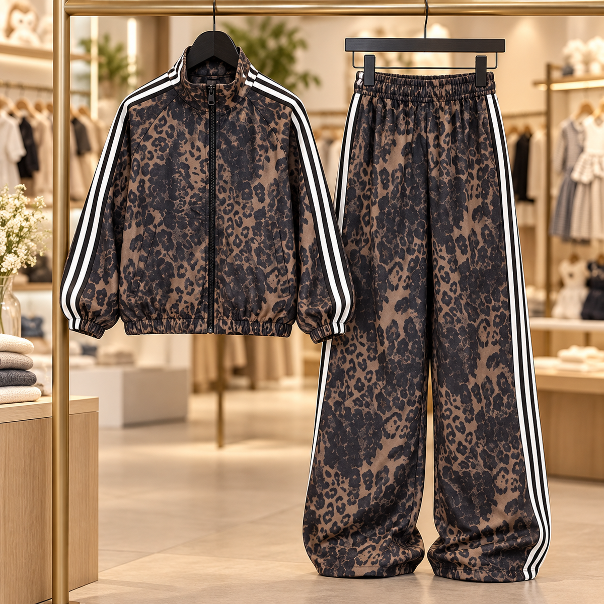 Survette deux pièces imprimé léopard, veste et pantalon suspendus